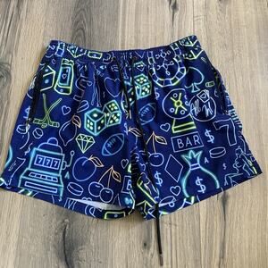 Dolcessa Swimwear Mens Size Large Las Vegas Iconic Print Sin City Blue Shorts 5”